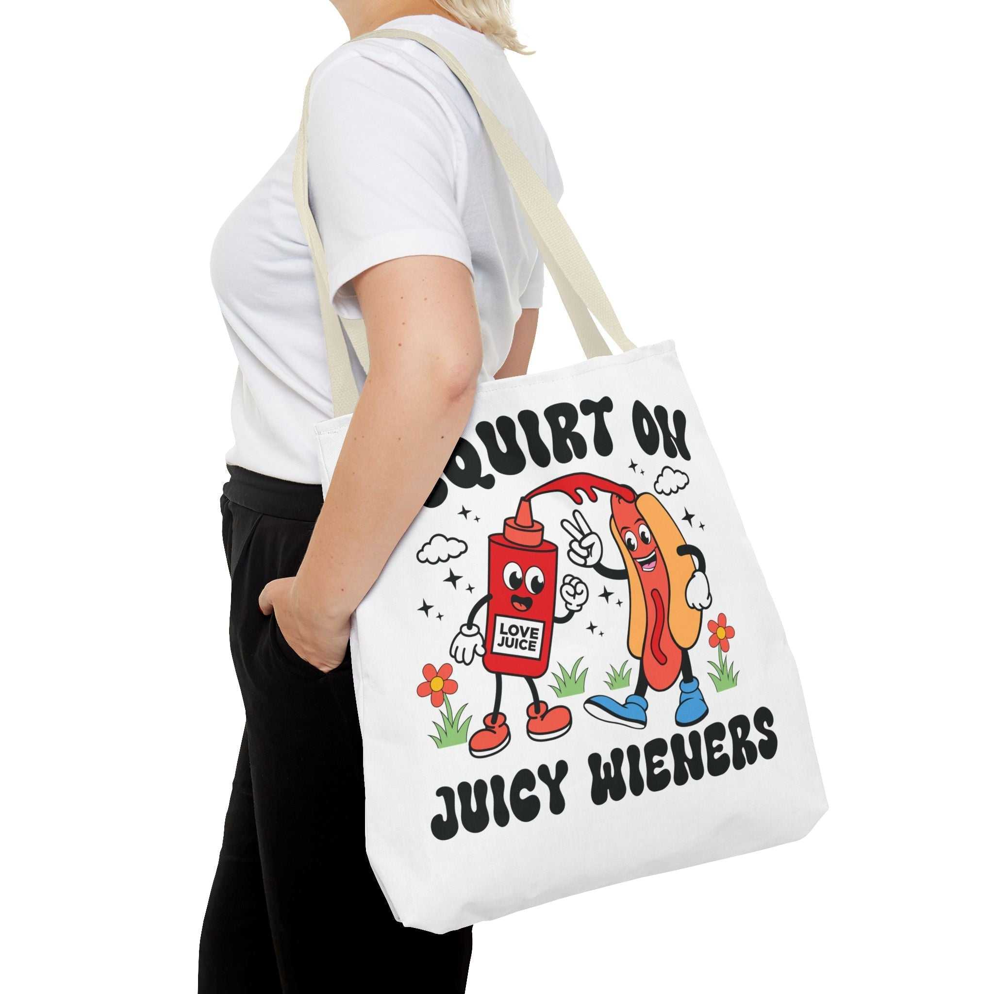 I Squirt On Juicy Wieners Fun Tote Bag with cheeky hot dog design and durable fabric