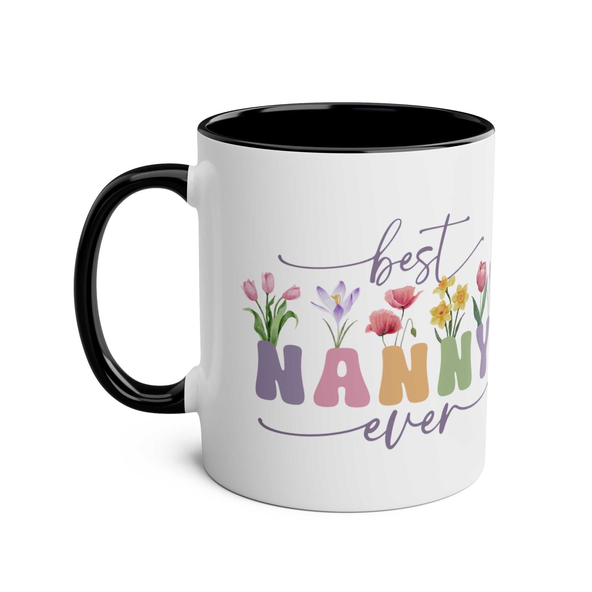 Best Nanny Ever Mother's Day Gift Mug with floral design, 11oz ceramic, glossy finish.
