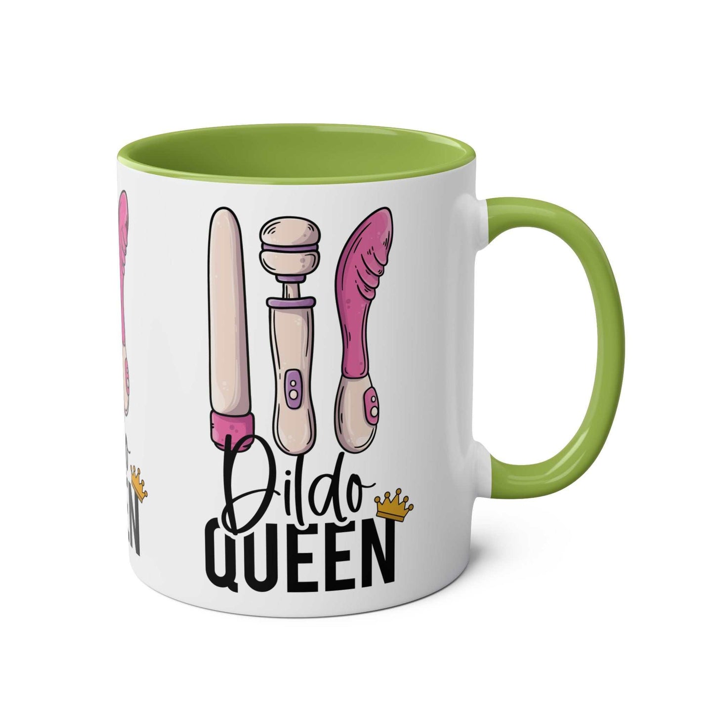 Dildo Queen Coffee Mug featuring playful illustrations and green interior.