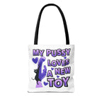 Fun cat toy tote bag with cheeky design and colorful handles in durable polyester