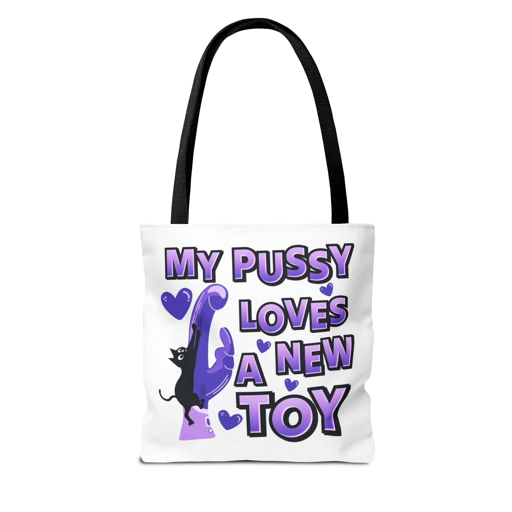 Fun cat toy tote bag with cheeky design and colorful handles in durable polyester