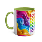Vibrant LGBTQ+ Pride mug with rainbow design and "Love" text, glossy ceramic, 11oz, green handle.