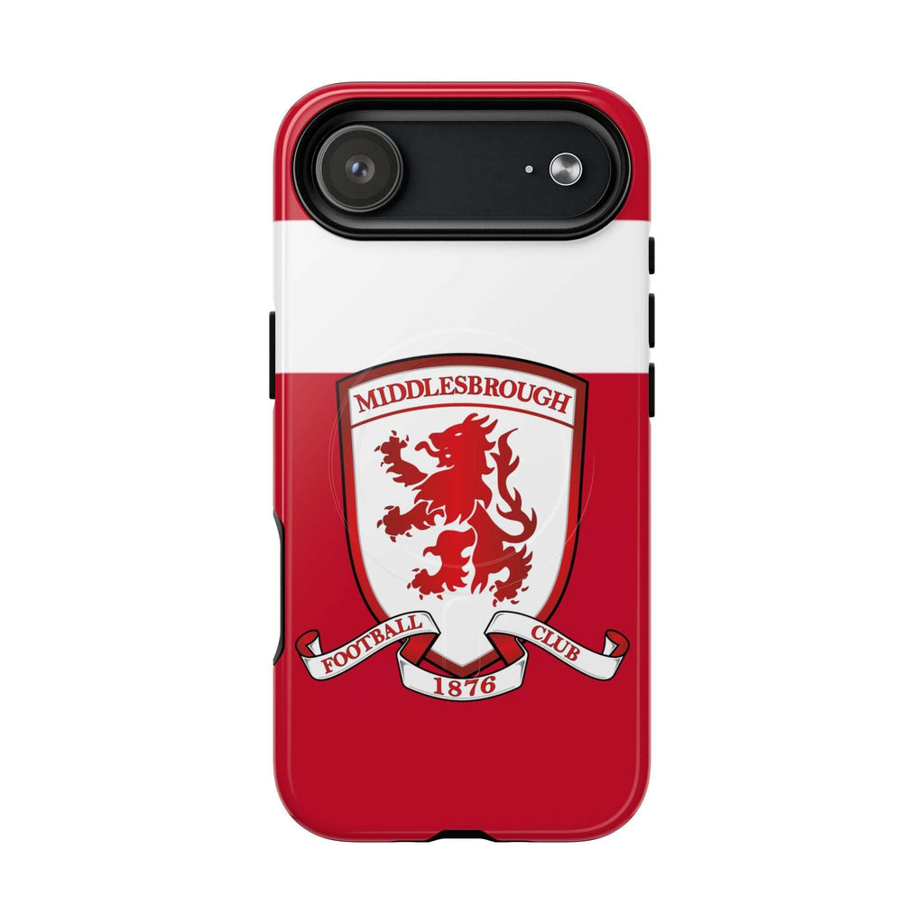 Middlesbrough MagSafe iPhone case with red design and club crest, durable dual-layer protection, and wireless charging compatible.