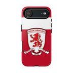 Middlesbrough MagSafe iPhone case with red design and club crest, durable dual-layer protection, and wireless charging compatible.