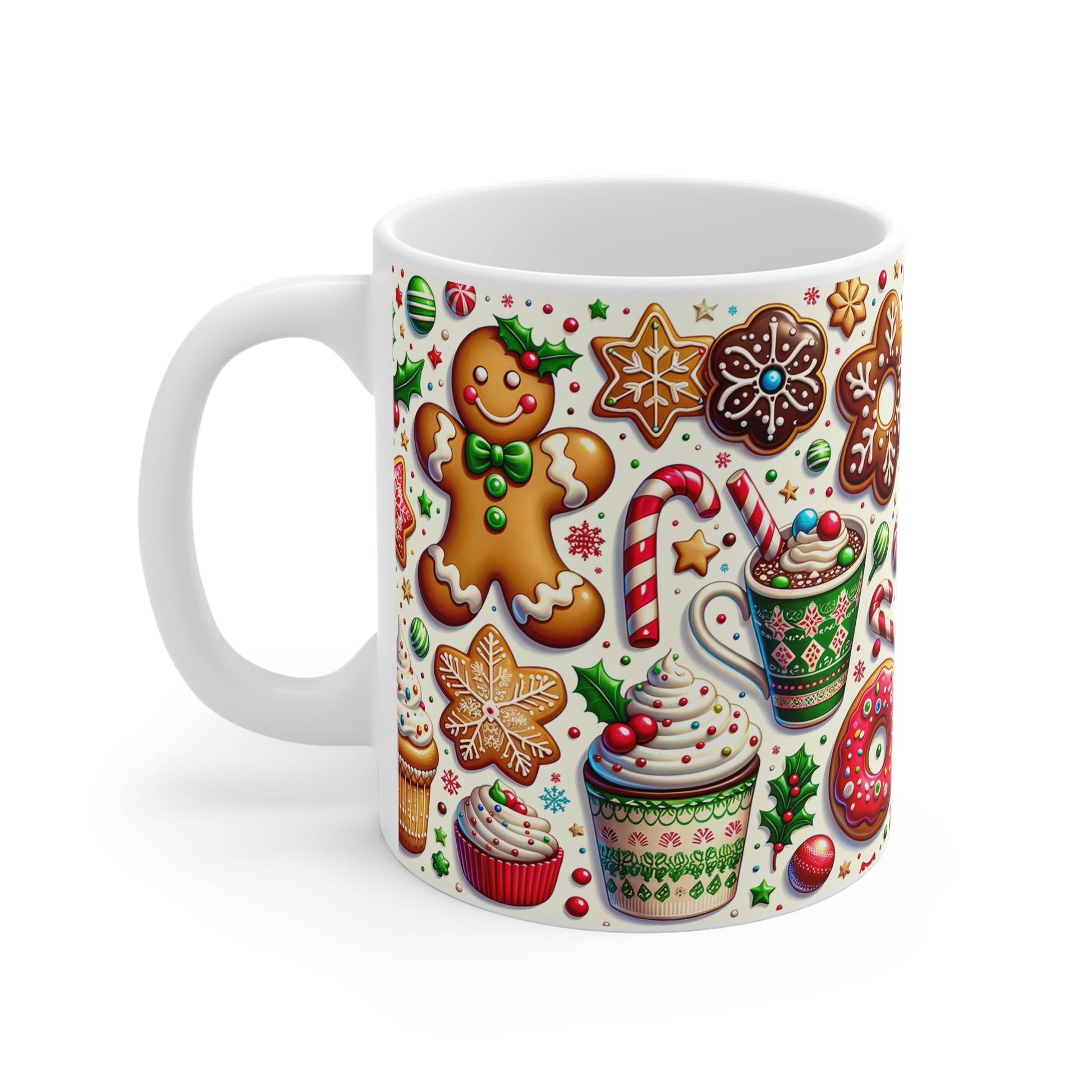 Gingerbread Christmas Mug with festive design, 11oz ceramic, sublimation printed, glossy finish, microwave and dishwasher safe.