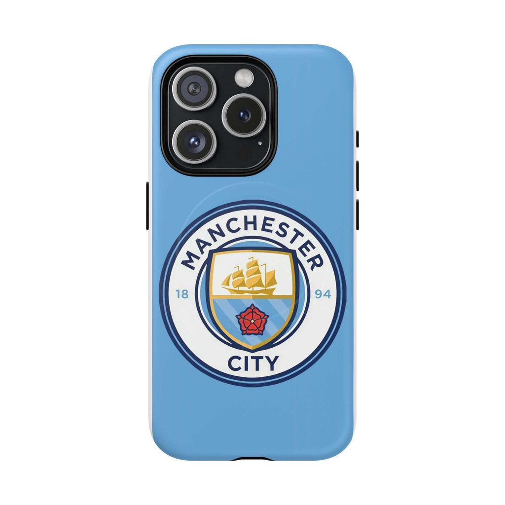 Manchester City MagSafe iPhone case in sky blue with club logo, dual layer protection, and MagSafe compatibility