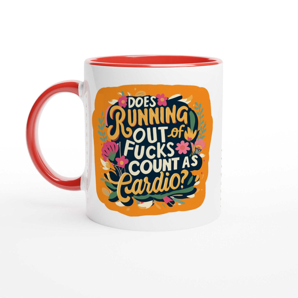 Outta Fucks Fun Mug with colorful design and red handle, 11oz ceramic, ideal for beverages.
