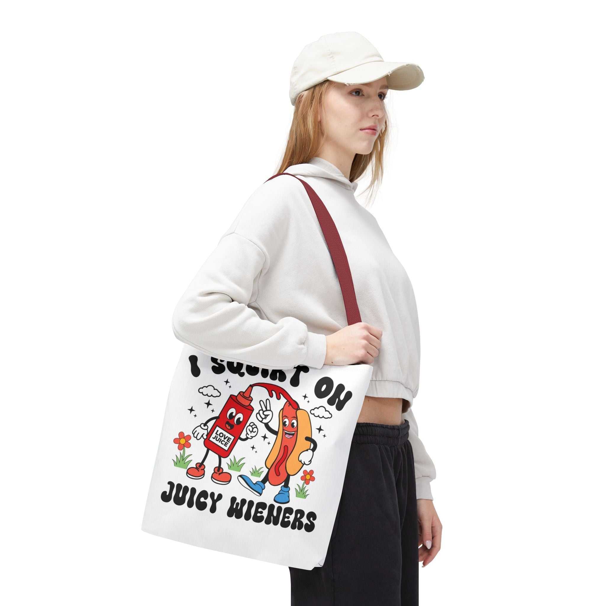 I Squirt On Juicy Wieners Fun Tote Bag with cheeky hot dog design and cotton straps