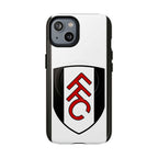 Fulham FC MagSafe iPhone case with club crest, black and white design, dual-layer protection, and wireless charging compatible