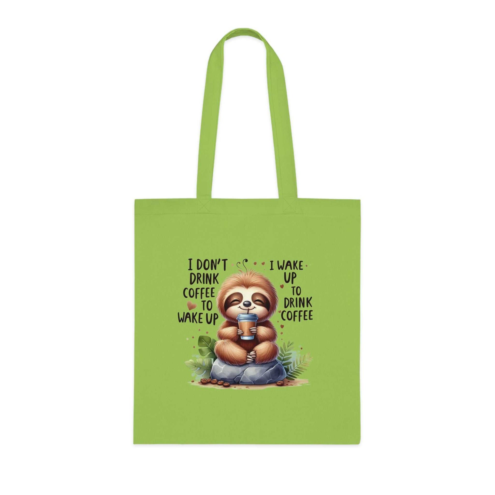 Cute sloth design cotton tote bag, green, perfect for everyday use.