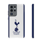 Tottenham FC Magnetic Case Samsung phone cover with white and navy colors, dual layer protection, and wireless charging compatibility