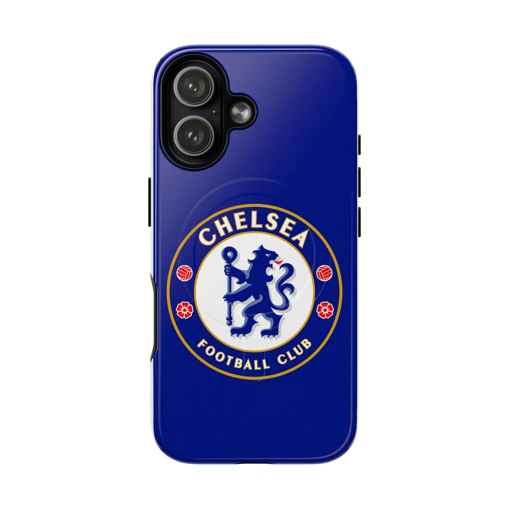 Chelsea FC MagSafe iPhone case with royal blue color and football club crest, durable dual-layer protection and wireless charging compatibility
