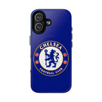 Chelsea FC MagSafe iPhone case with royal blue color and football club crest, durable dual-layer protection and wireless charging compatibility