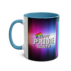 LGBTQ+ Pride Mug with rainbow design and "Happy Pride Month" text, ceramic, vibrant colors, 11oz.