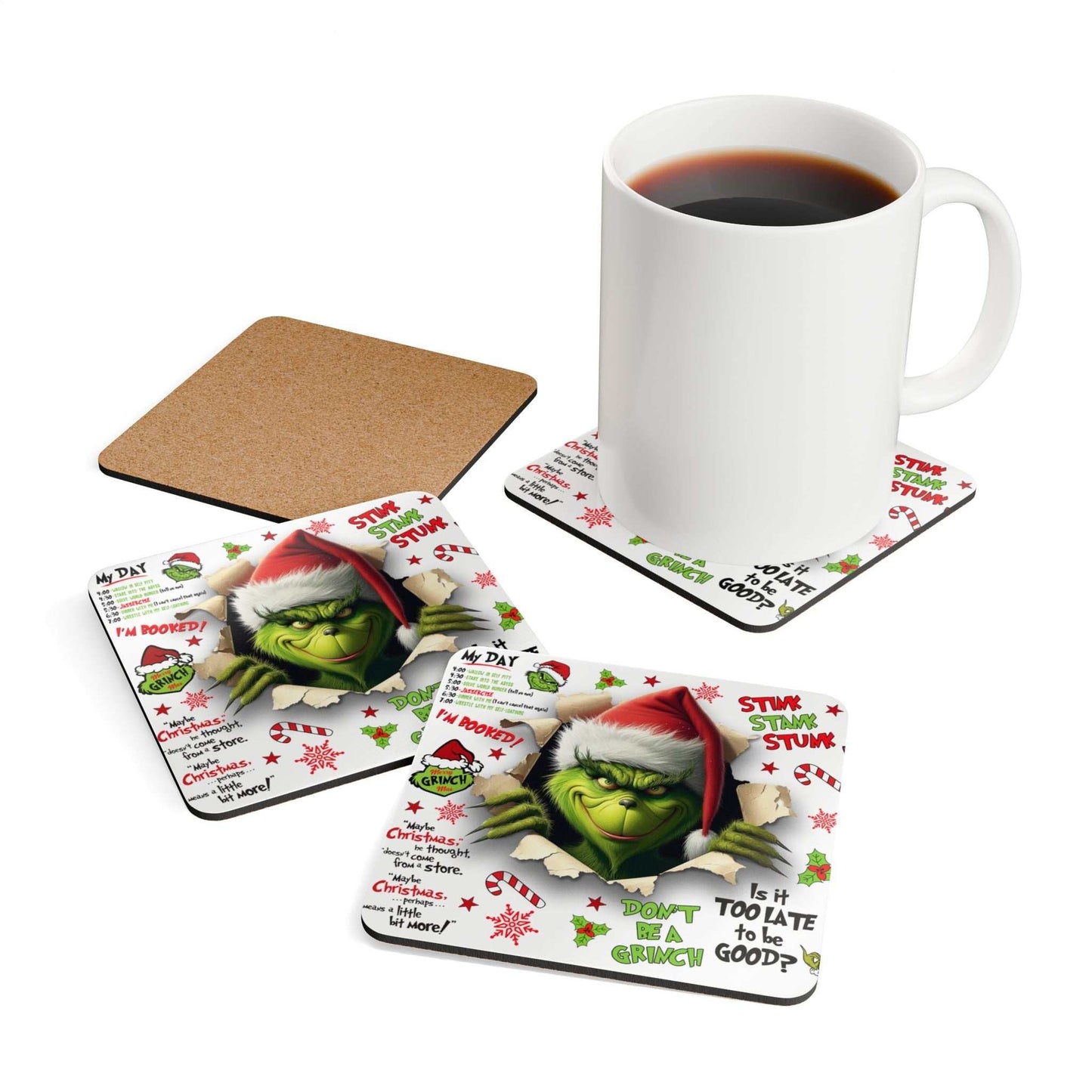 Grinchmas Fun Coaster Set featuring grumpy Grinch design, high-gloss MDF top, cork back, and holiday theme.