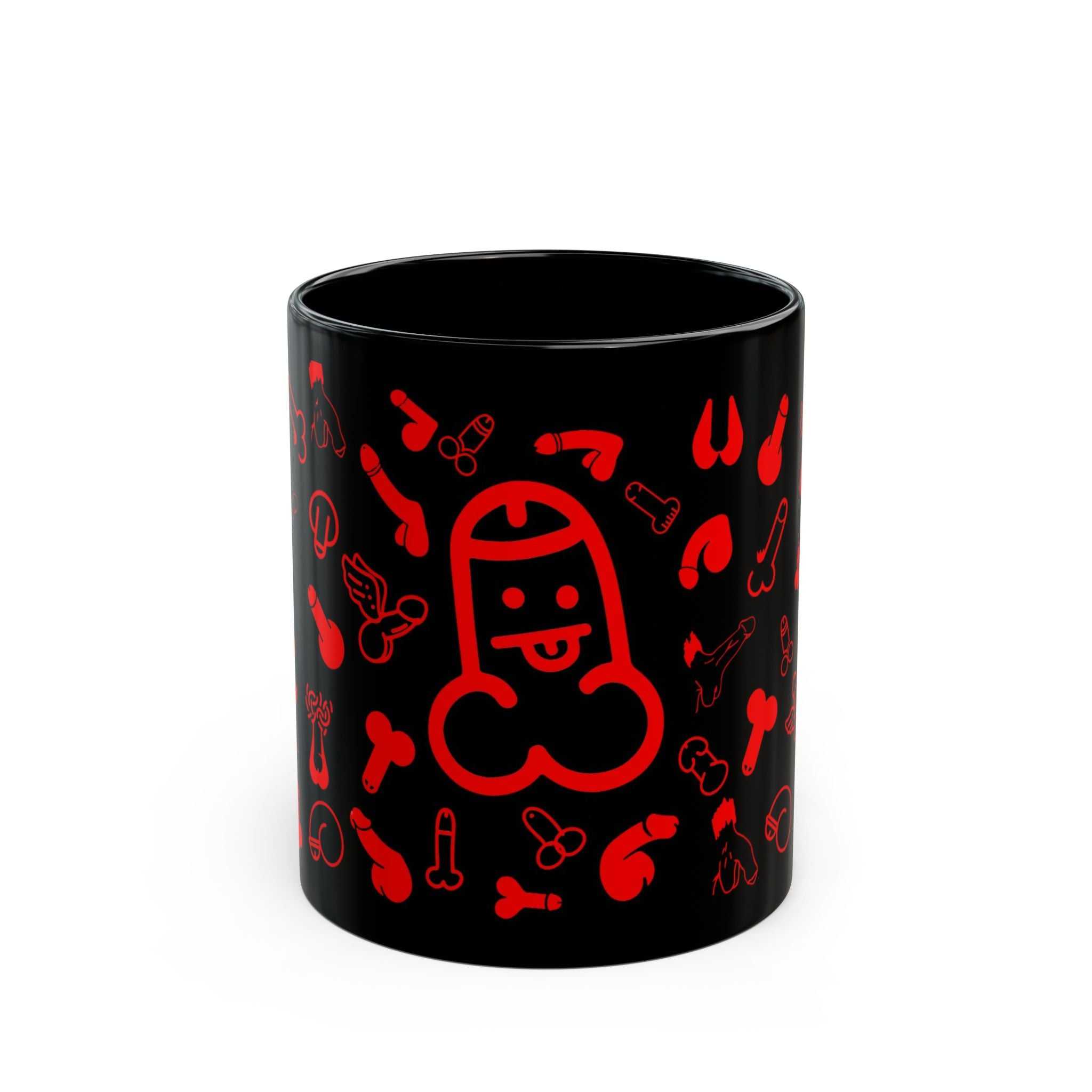 Black ceramic mug with playful red willy prints, glossy finish, dishwasher and microwave safe, available in 11oz and 15oz sizes.