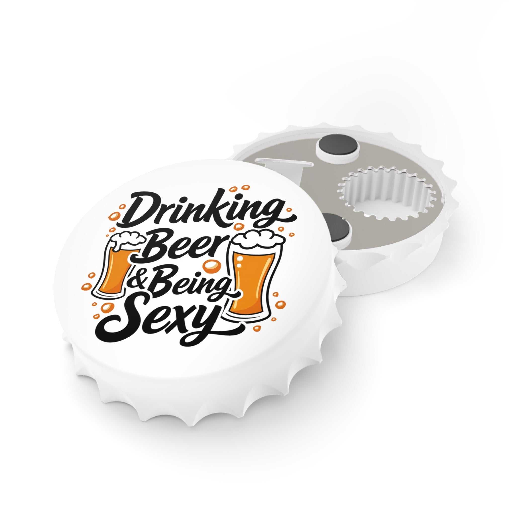 3-inch magnetic drinking beer bottle opener with "Drinking Beer & Being Sexy" artwork, durable polycarbonate and metal dual-opening design