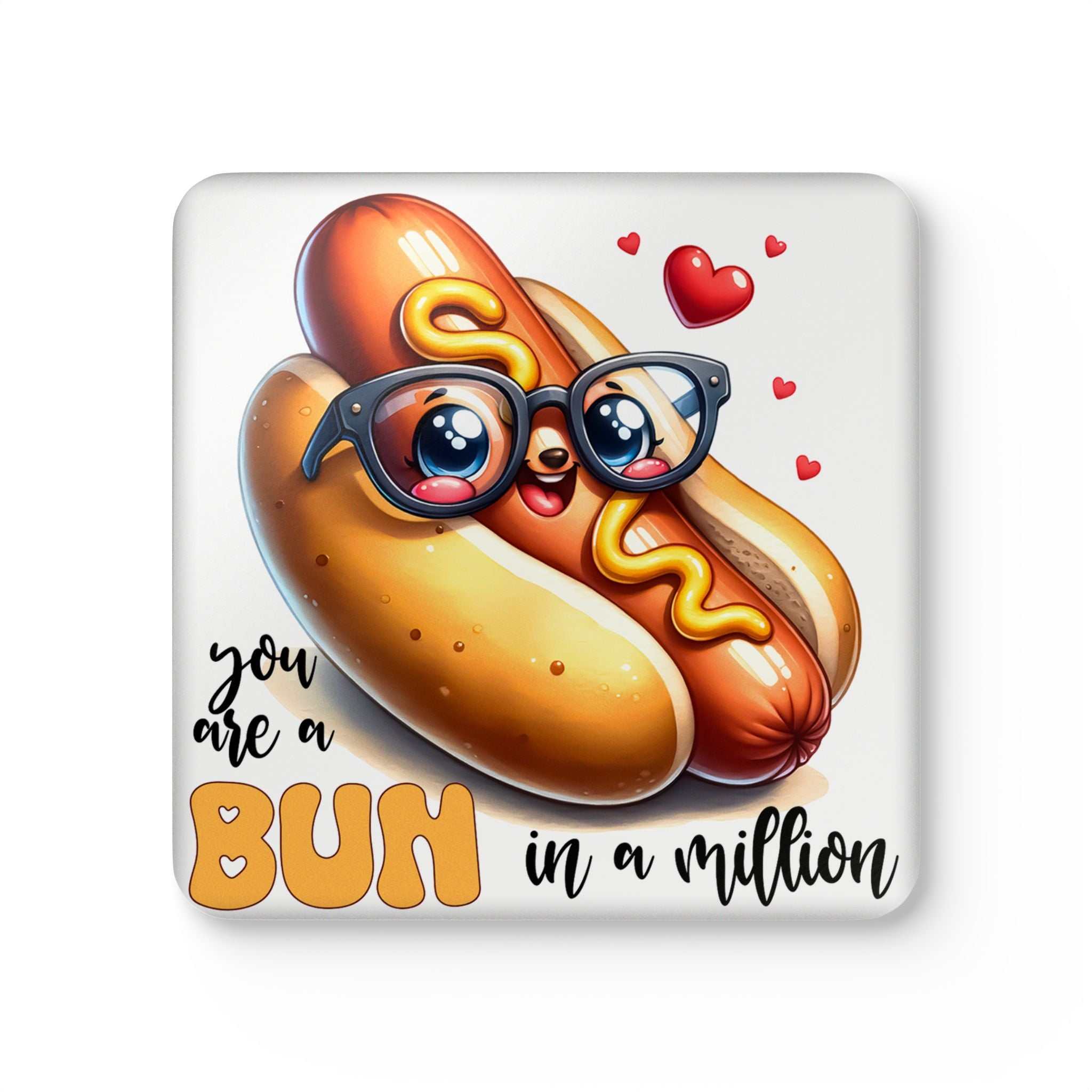 Bun In A Million Coaster Set with playful hotdog design and pun.