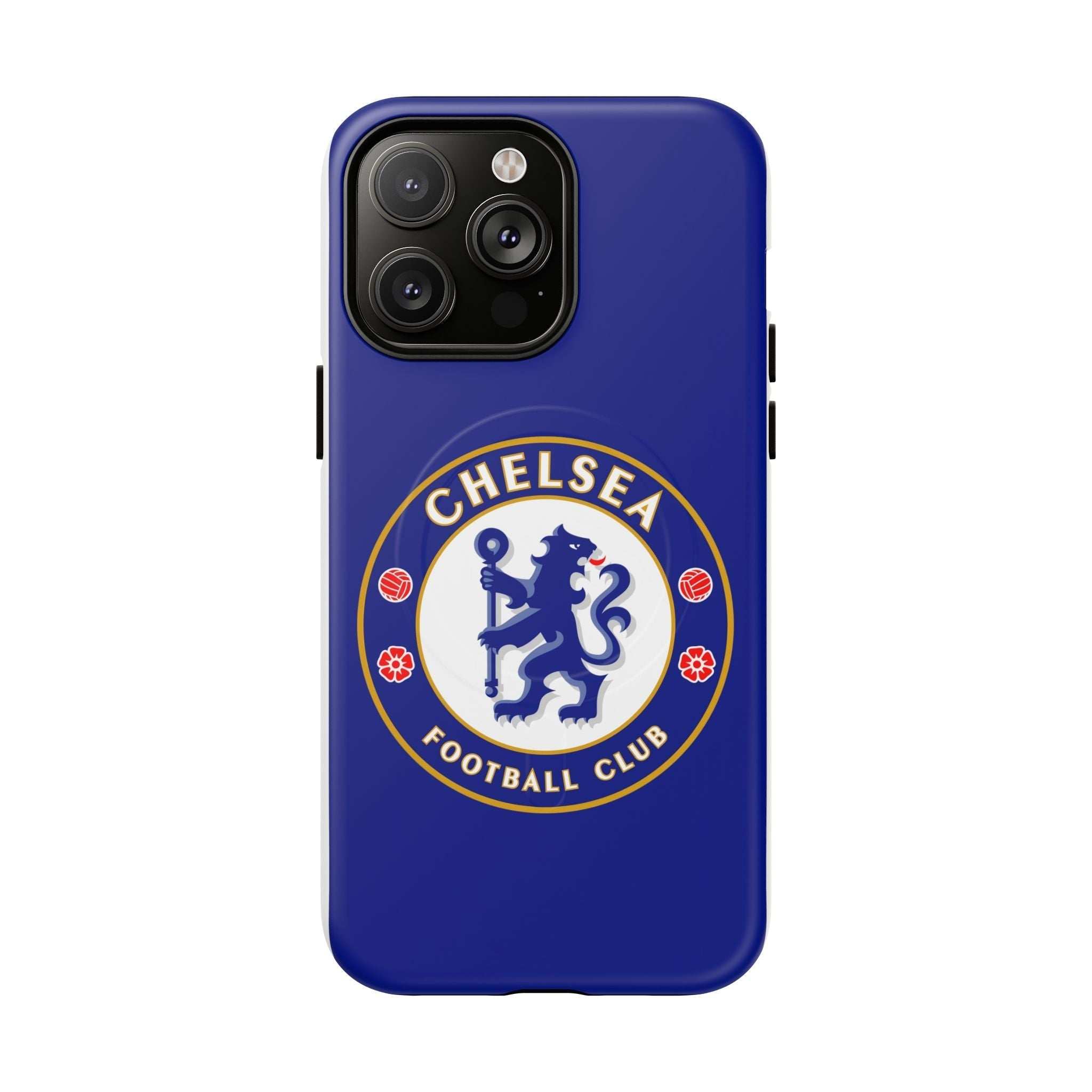 Chelsea FC MagSafe iPhone case with royal blue color and club crest, dual-layer protective design, and wireless charging compatibility