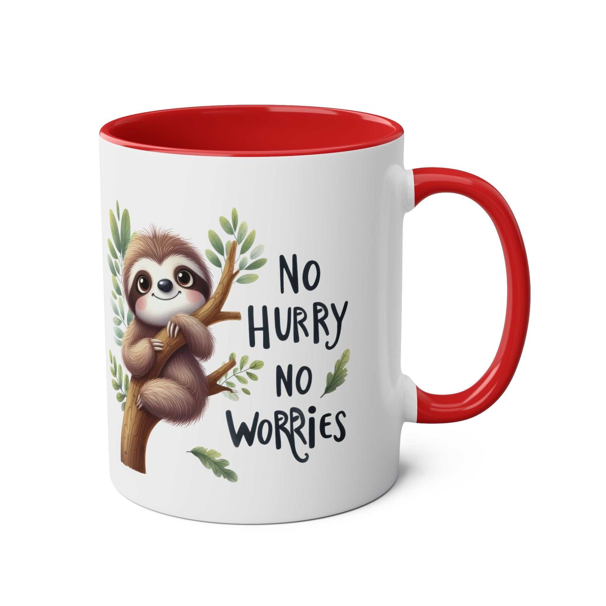 Cute sloth coffee mug with red handle, featuring "No Hurry No Worries" slogan.