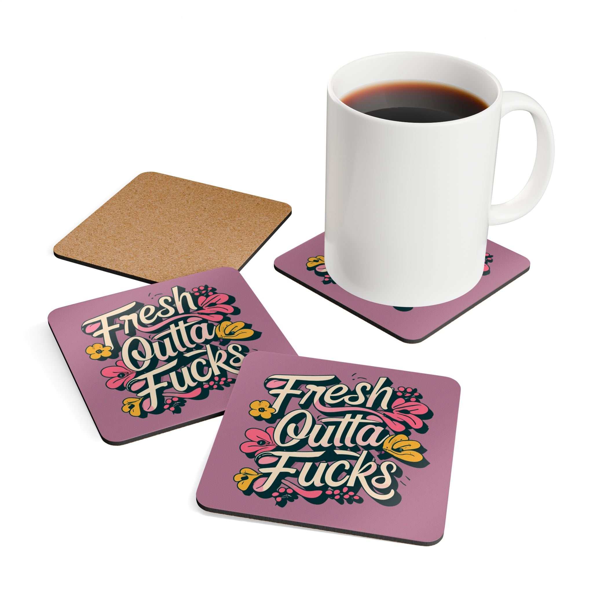 Rude coaster set with "Fresh Outta Fucks" design, high-gloss MDF top, non-slip cork back, 4-piece set.