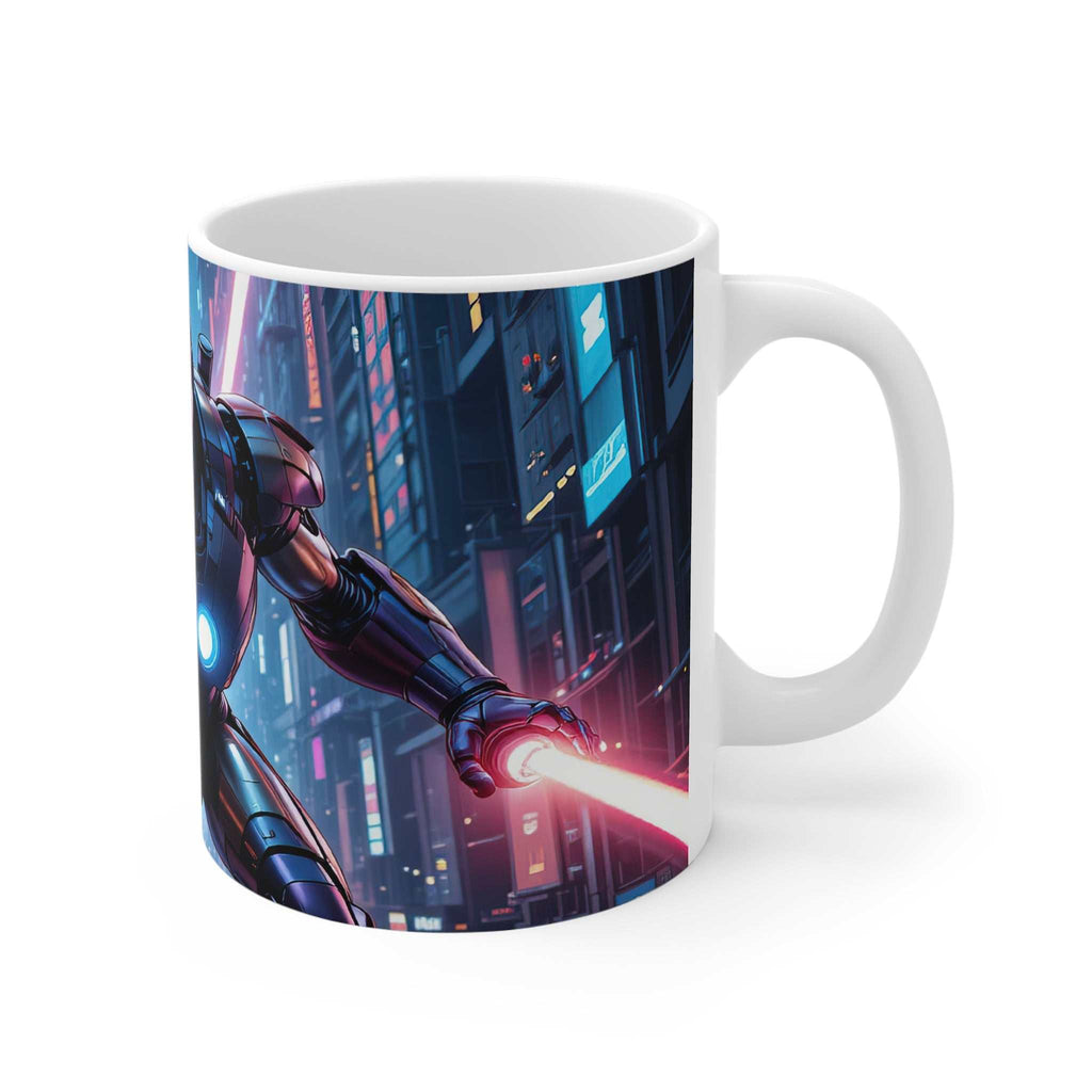 White ceramic mug featuring a glossy Ironman superhero action print in a city night scene, microwave and dishwasher safe.