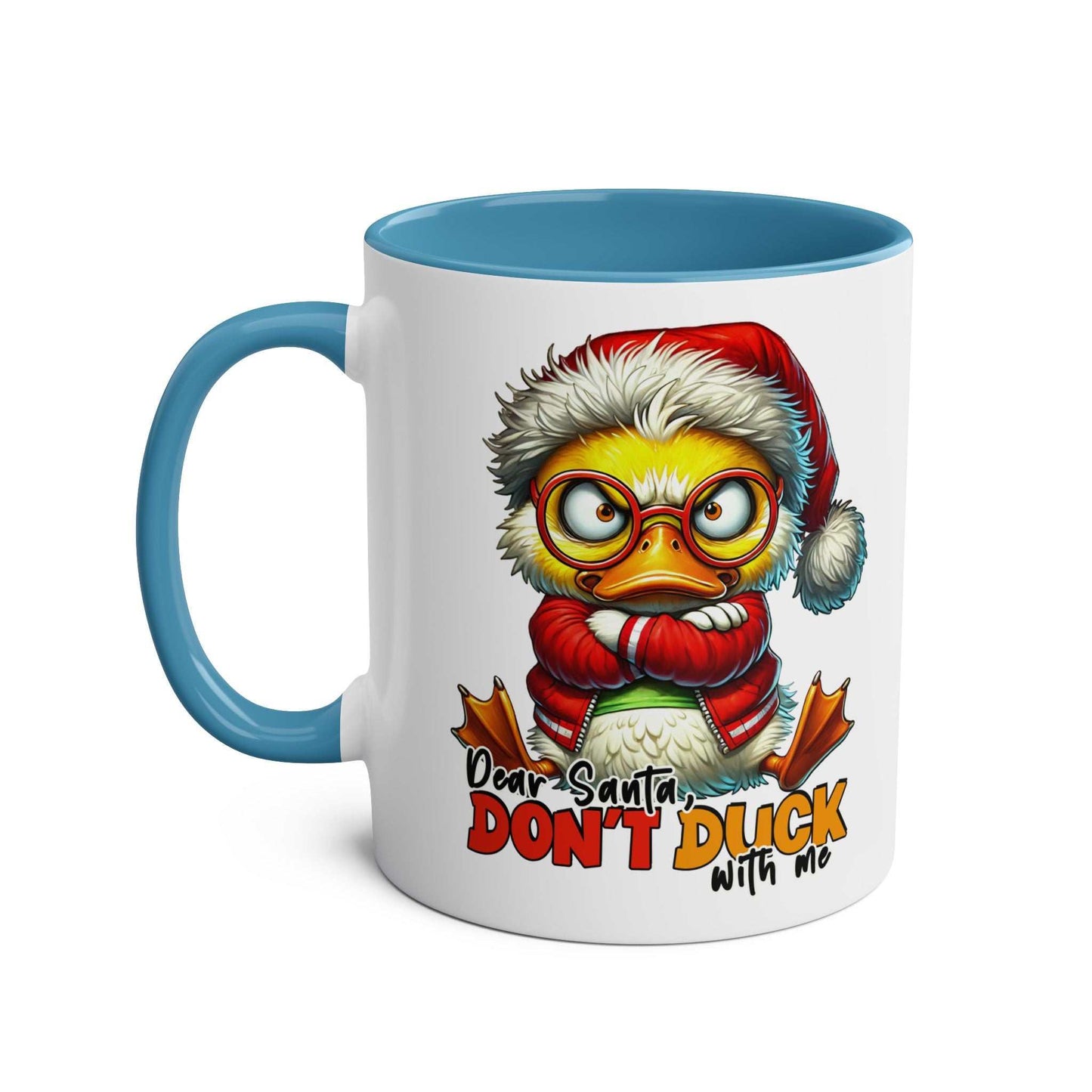 Sarky Christmas Mug with duck design, available in 7 colors, 11oz ceramic, microwave and dishwasher safe.