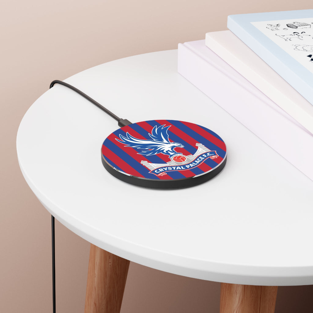 Crystal Palace Wireless Charger with team colors and crest, 10W fast wireless charging, durable aluminum and acrylic design.