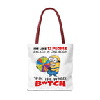 Funny Minion tote bag with cheeky design and durable spun polyester fabric