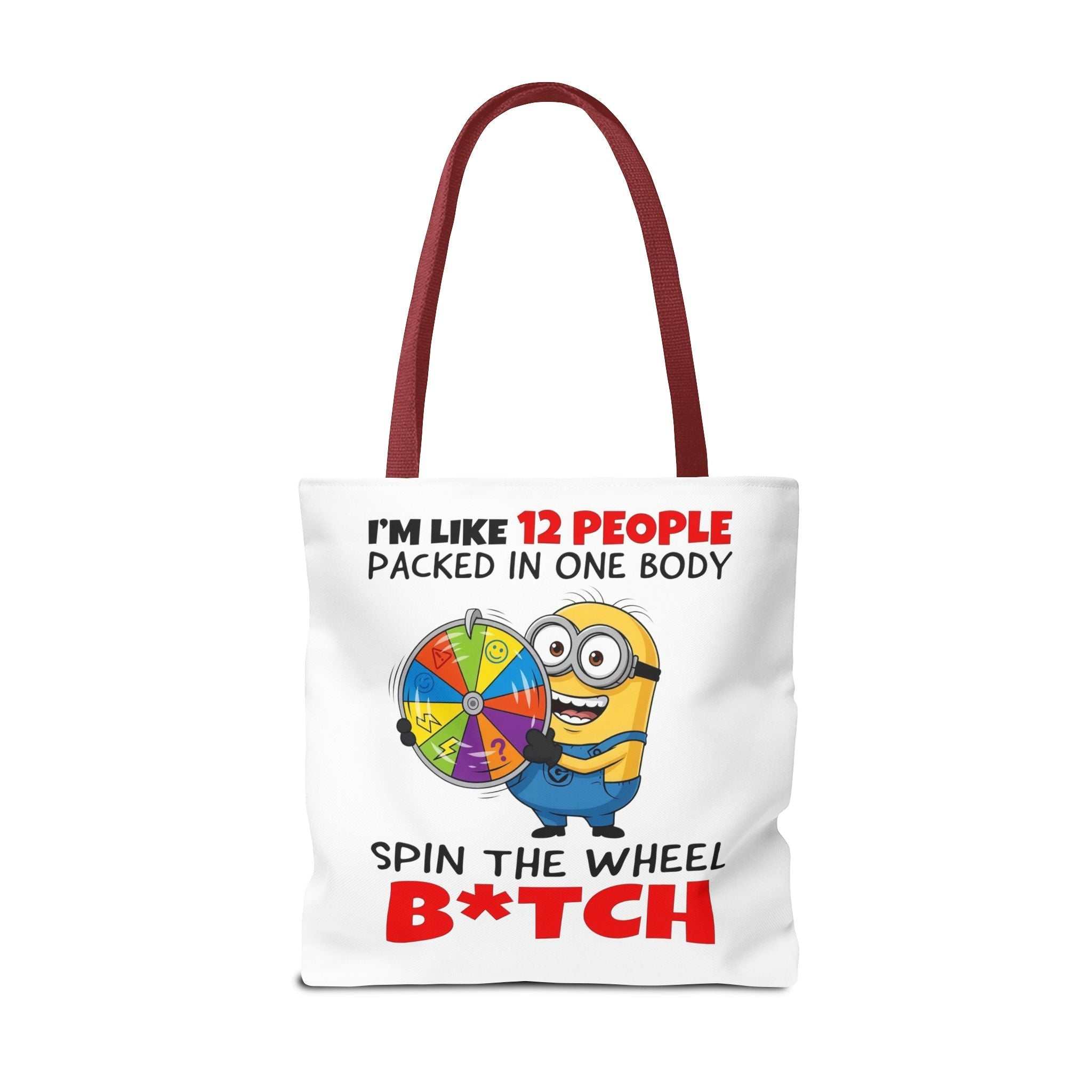 Funny Minion tote bag with cheeky design and durable spun polyester fabric