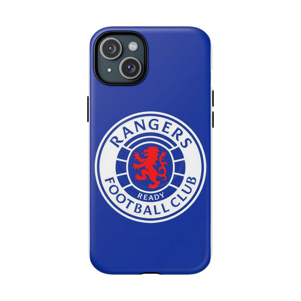 Rangers FC MagSafe iPhone case in royal blue with club crest, dual-layer protection, and MagSafe compatibility