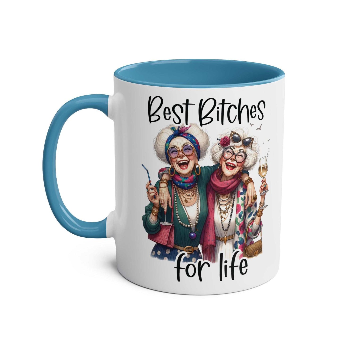 Best Bitches Ceramic Two Tone Mug with fun design, 11oz, glossy finish, microwave and dishwasher safe.