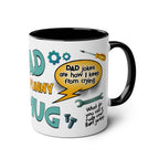 Fathers Day Gift Mug with humorous dad jokes and tool designs, black handle, 11oz ceramic.