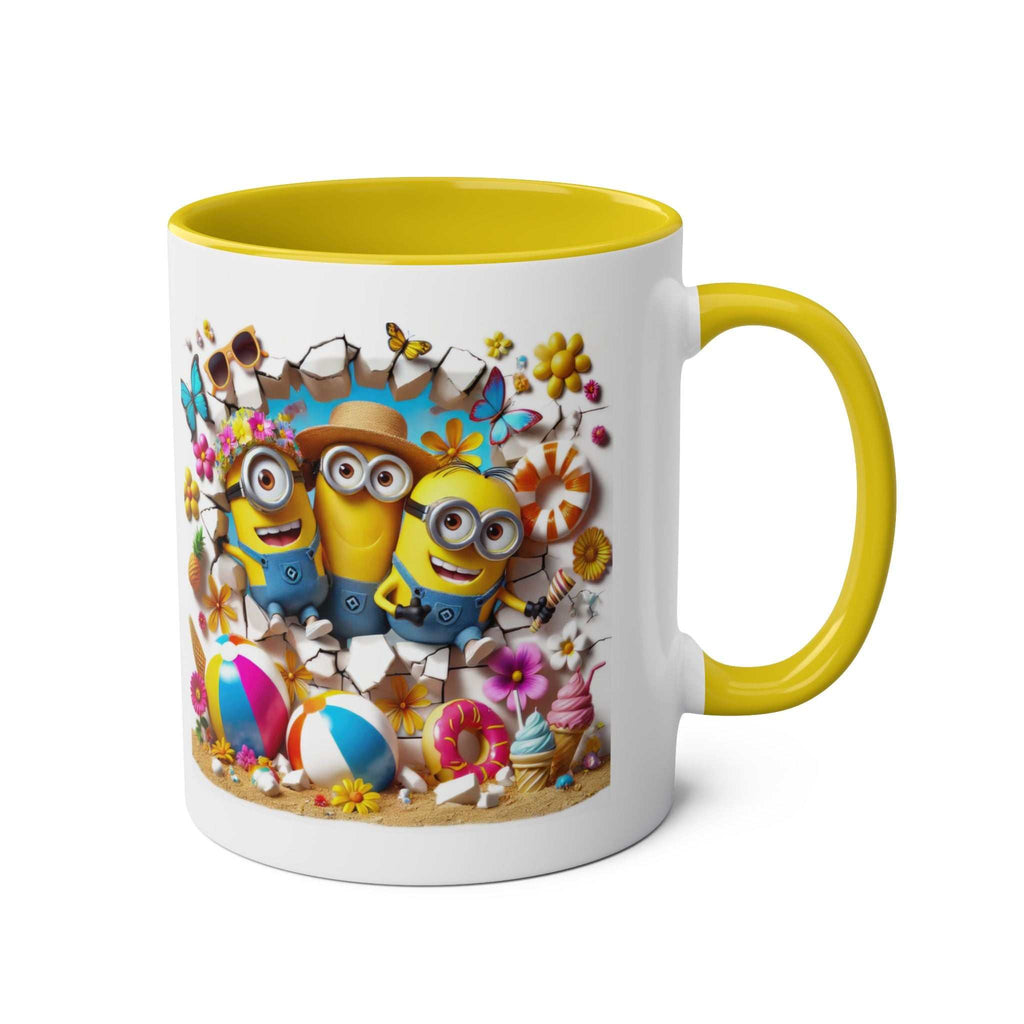 Minion Beach Themed Coffee Mug with playful Minions enjoying sun and surf, 11oz ceramic, yellow handle.