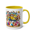 Minion Beach Themed Coffee Mug with playful Minions enjoying sun and surf, 11oz ceramic, yellow handle.
