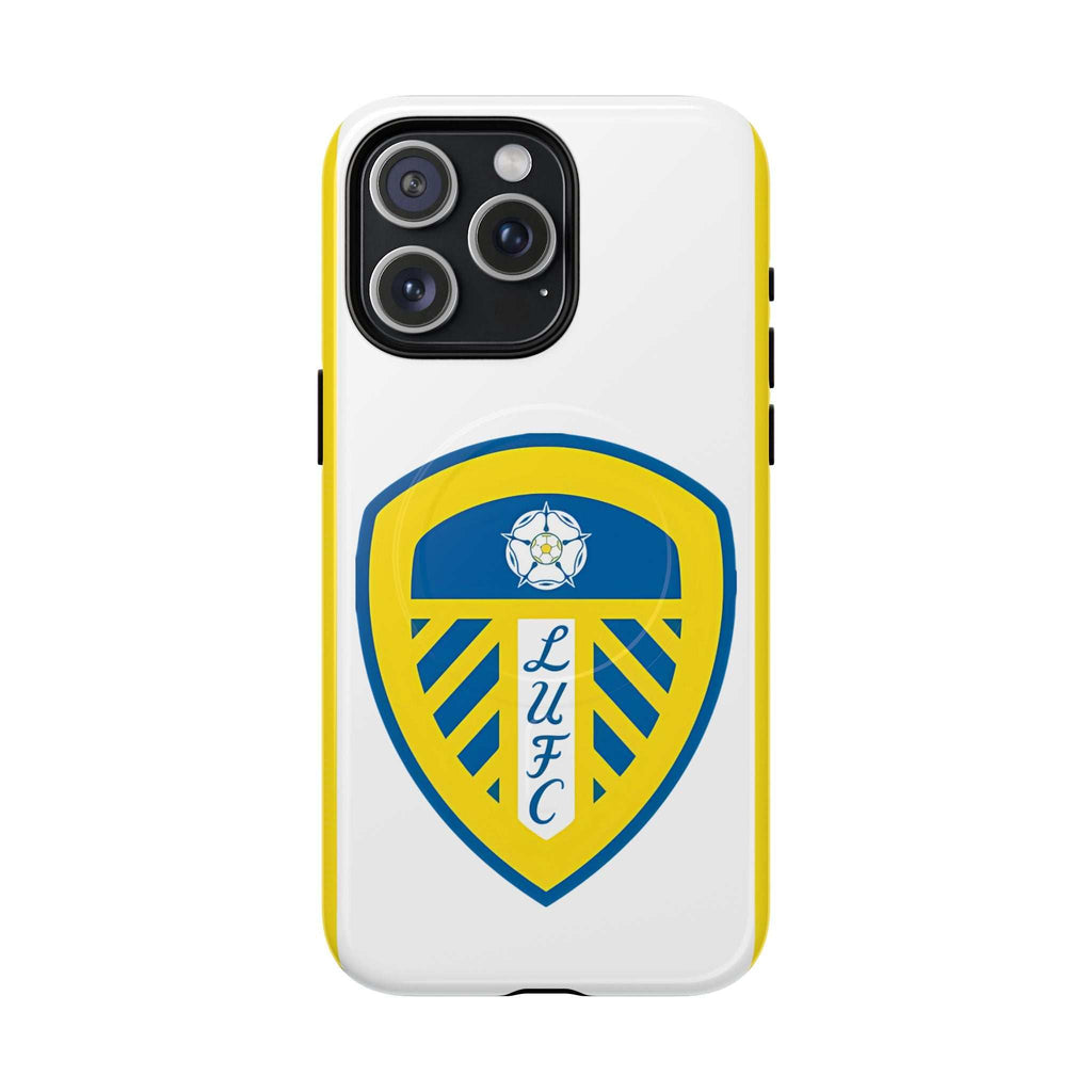 Leeds Utd MagSafe iPhone case with official-inspired crest, white and yellow design, dual layer protection, MagSafe compatible.