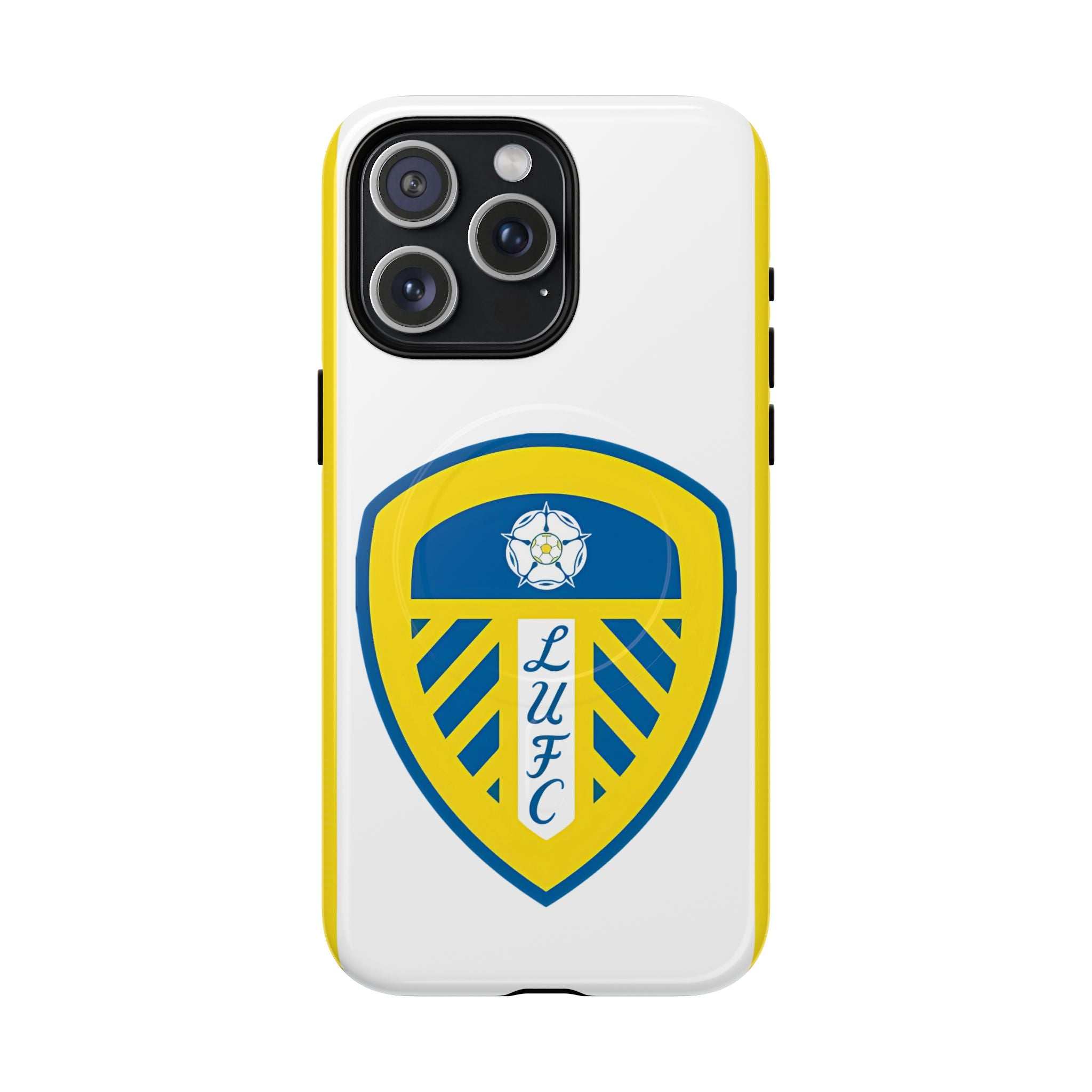 Leeds Utd MagSafe iPhone case with official-inspired crest, white and yellow design, dual layer protection, MagSafe compatible.
