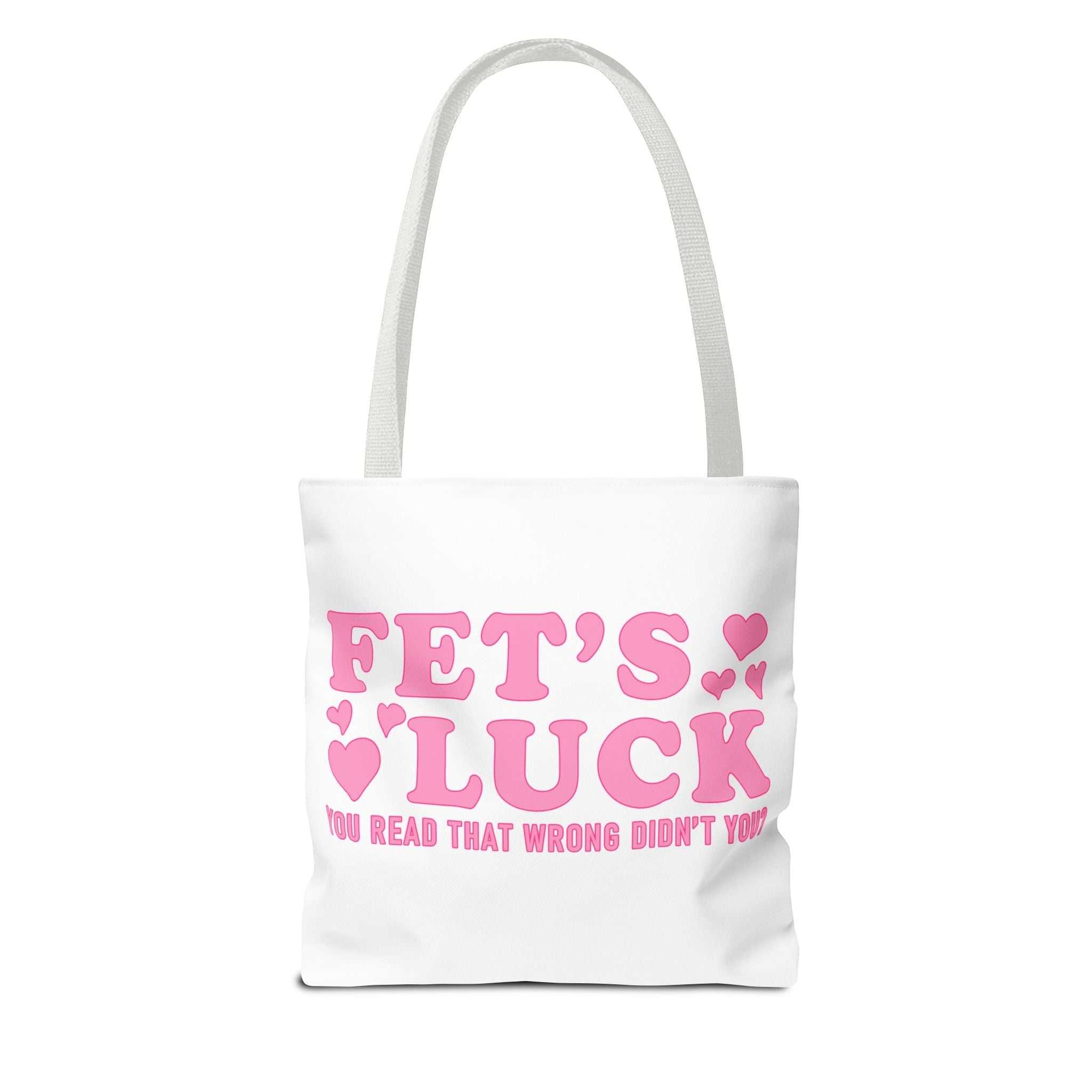 Pink heart tote bag with cheeky fun design and colorful handles