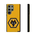 Wolves FC Magnetic Samsung Case in gold and black with shock-absorbing dual layer protection and wireless charging compatibility