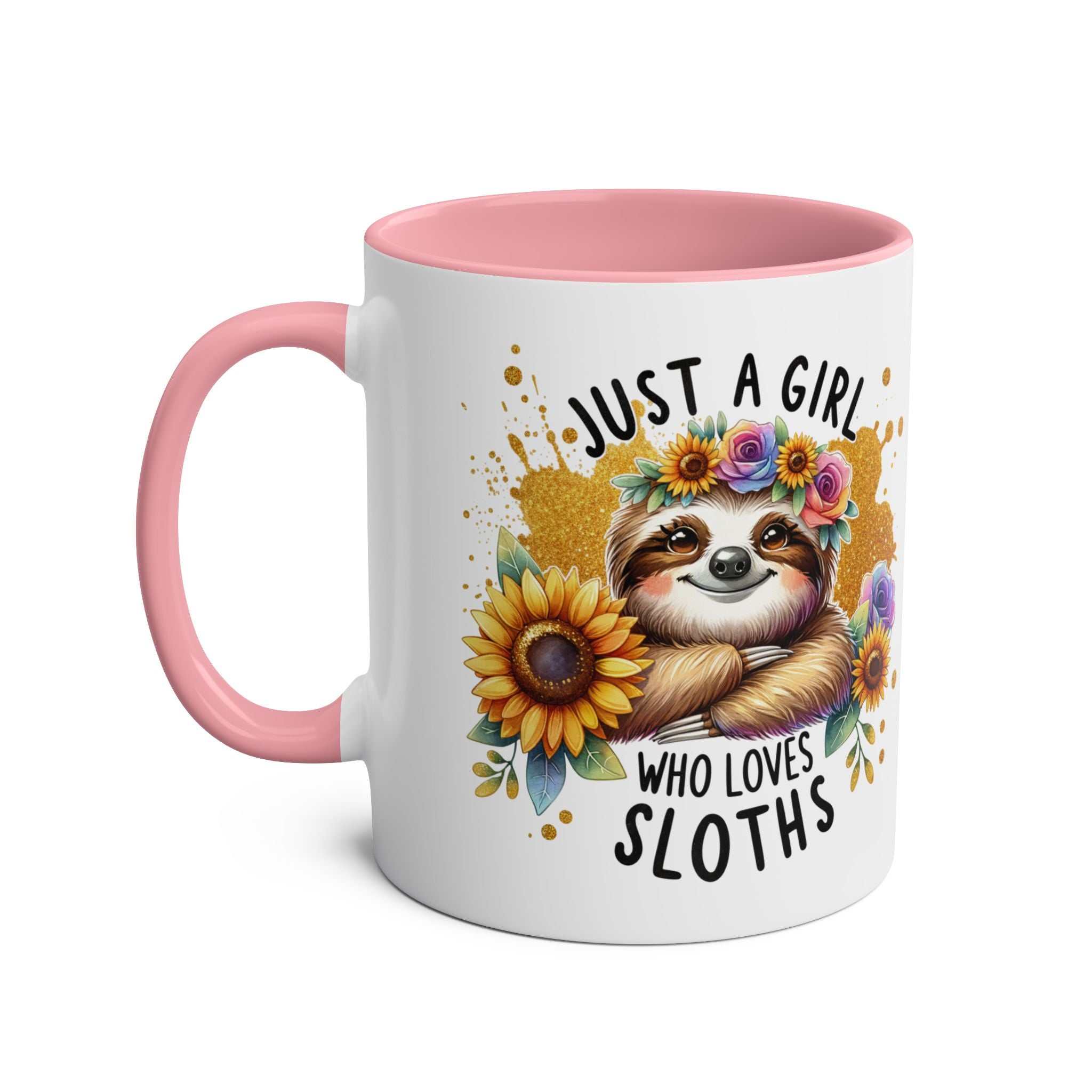 Cute sloth coffee mug with colorful floral design, perfect for animal lovers; available in 7 colors, 11oz ceramic, microwave and dishwasher safe.