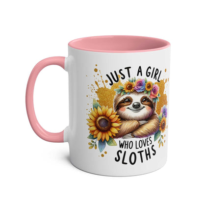 Cute sloth coffee mug with colorful floral design, perfect for animal lovers; available in 7 colors, 11oz ceramic, microwave and dishwasher safe.