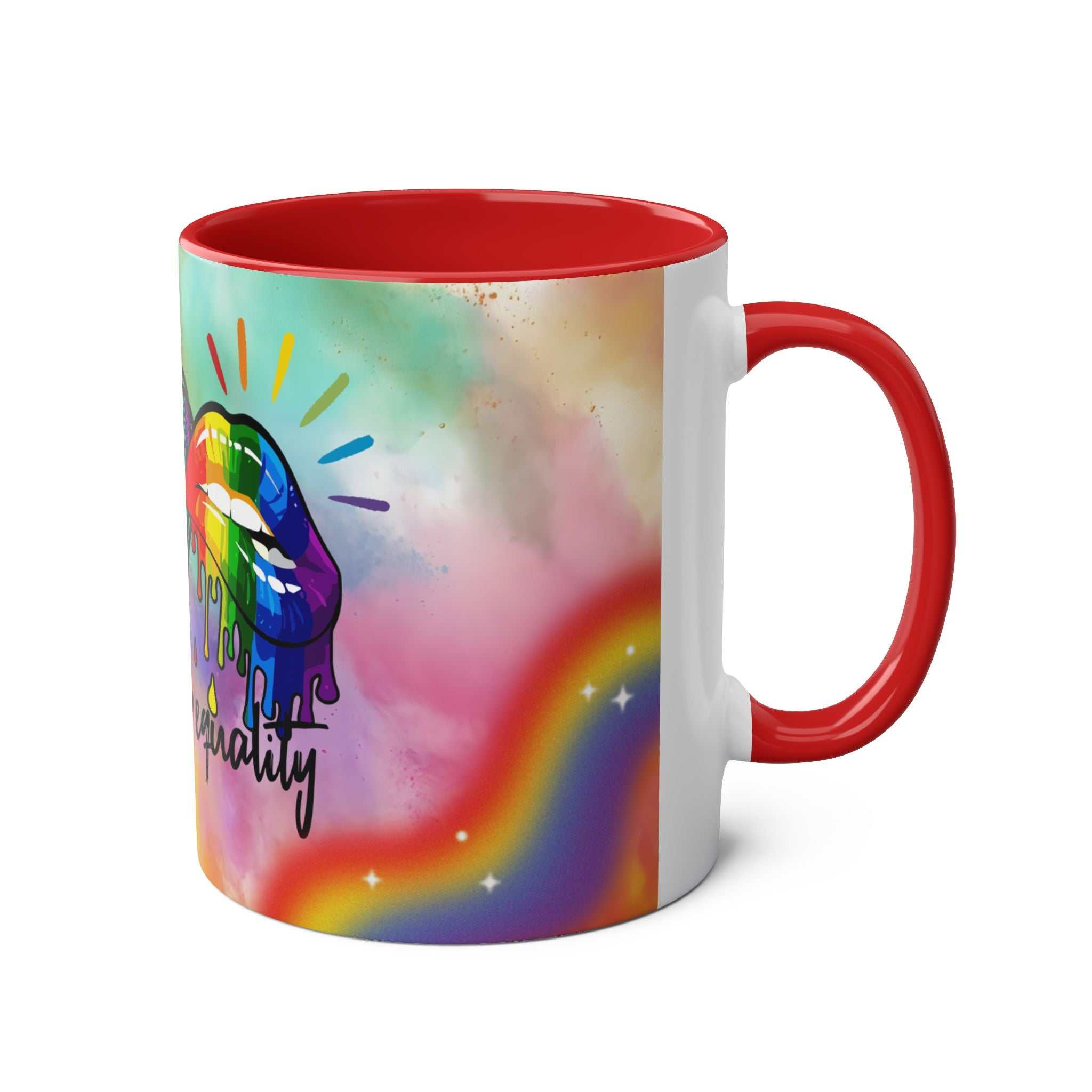 LGBTQ+ Pride Mug with vibrant rainbow design, red handle, and glossy finish.