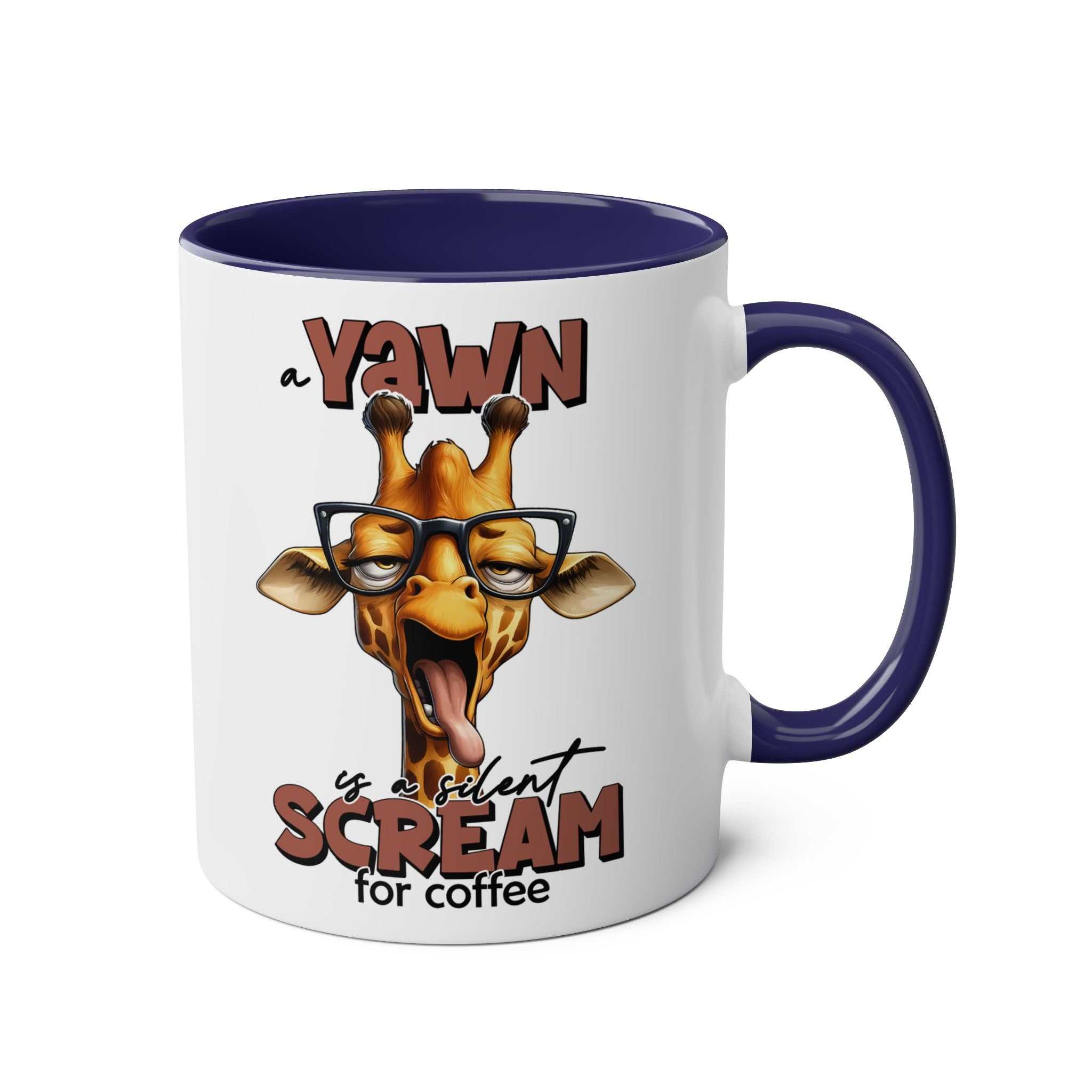 Quirky giraffe design on Yawn Coffee Mug with glossy finish.