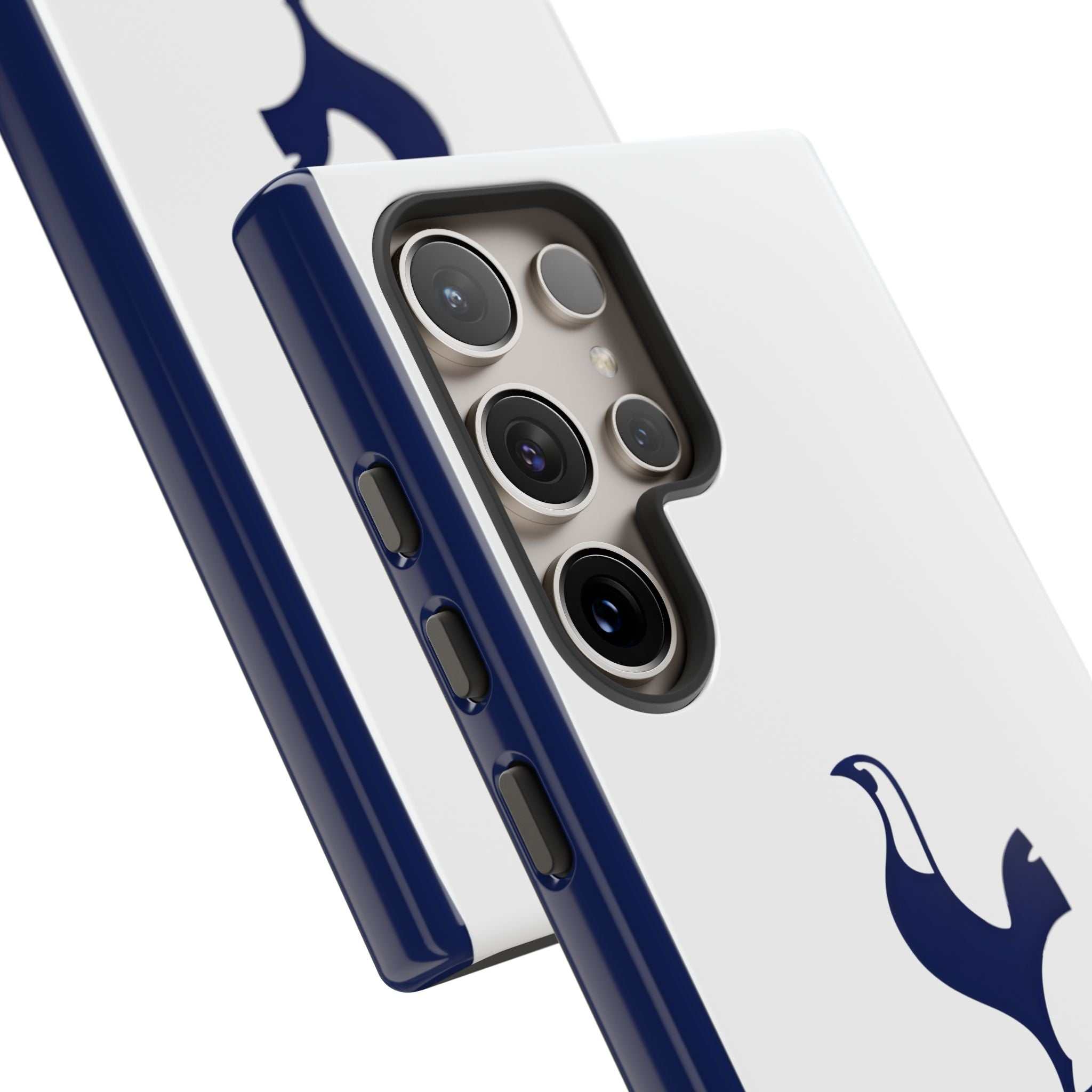 Tottenham FC Samsung phone case with navy and white colors, dual-layer protection, and wireless charging compatibility