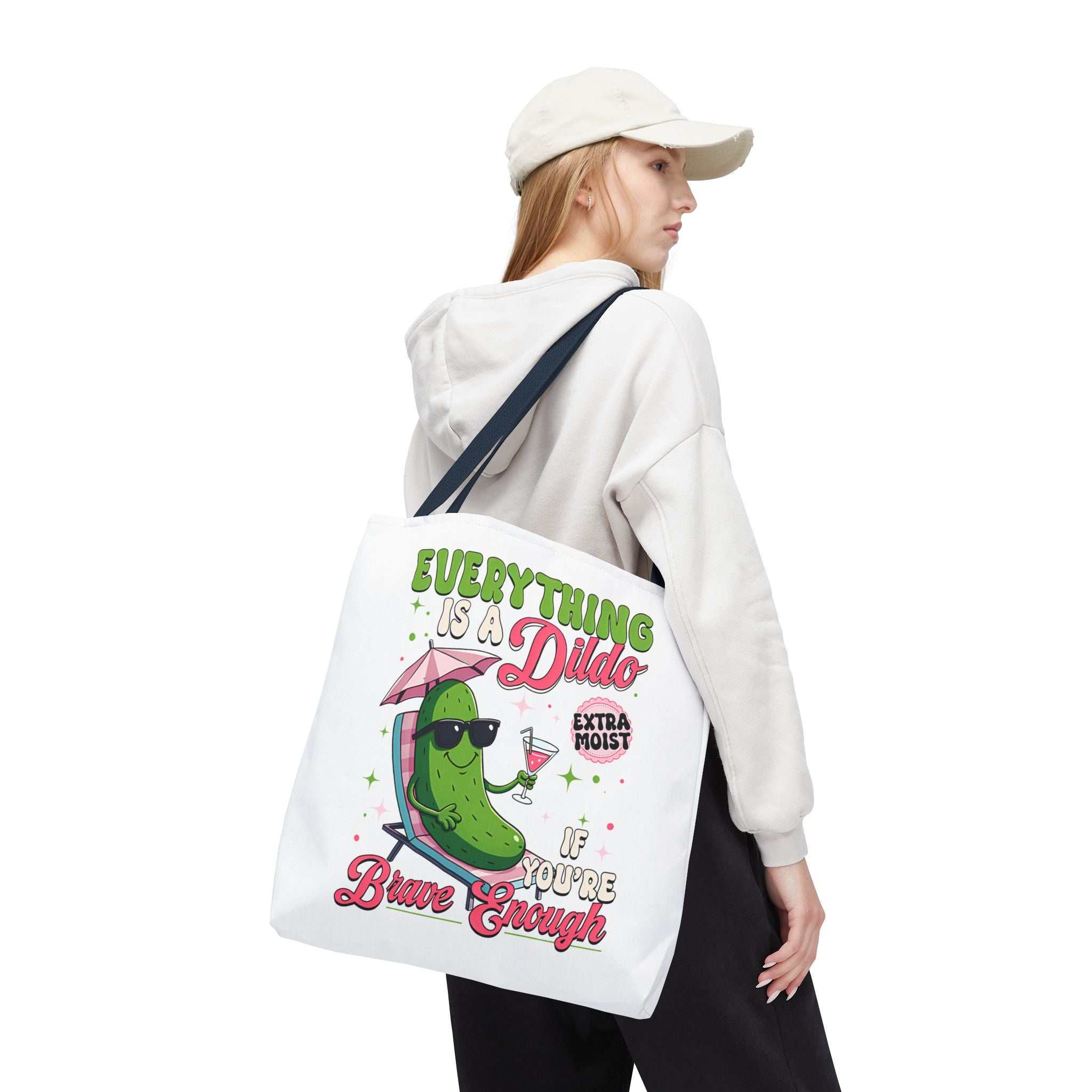 Cheeky Quote Pickle Tote Bag with bold design and colorful handles, made from durable spun polyester in multiple sizes