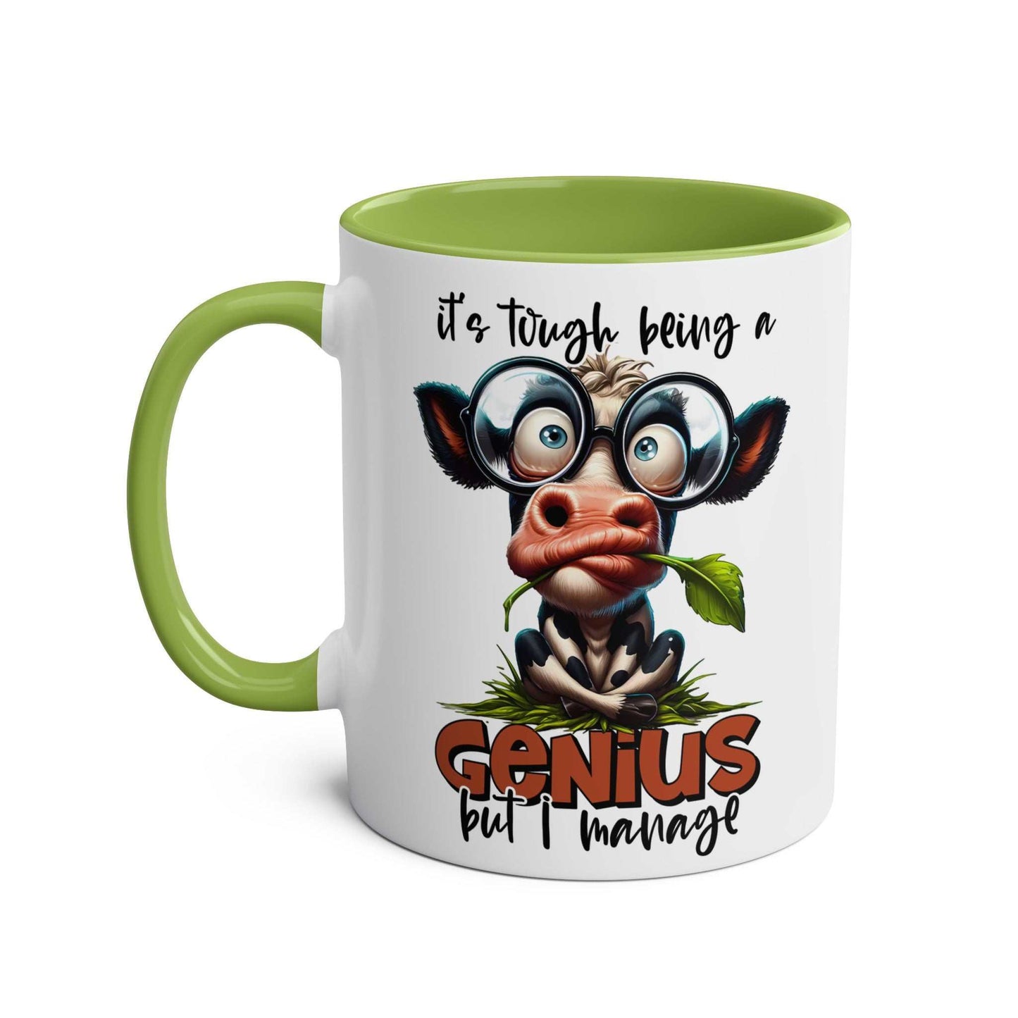 Funny "Genius Coffee Mug" with quirky animal graphic and text, green interior, 11oz ceramic, glossy finish.