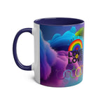 LGBTQ+ Pride mug with vibrant rainbow design, glossy finish, and "Love is Love" text.