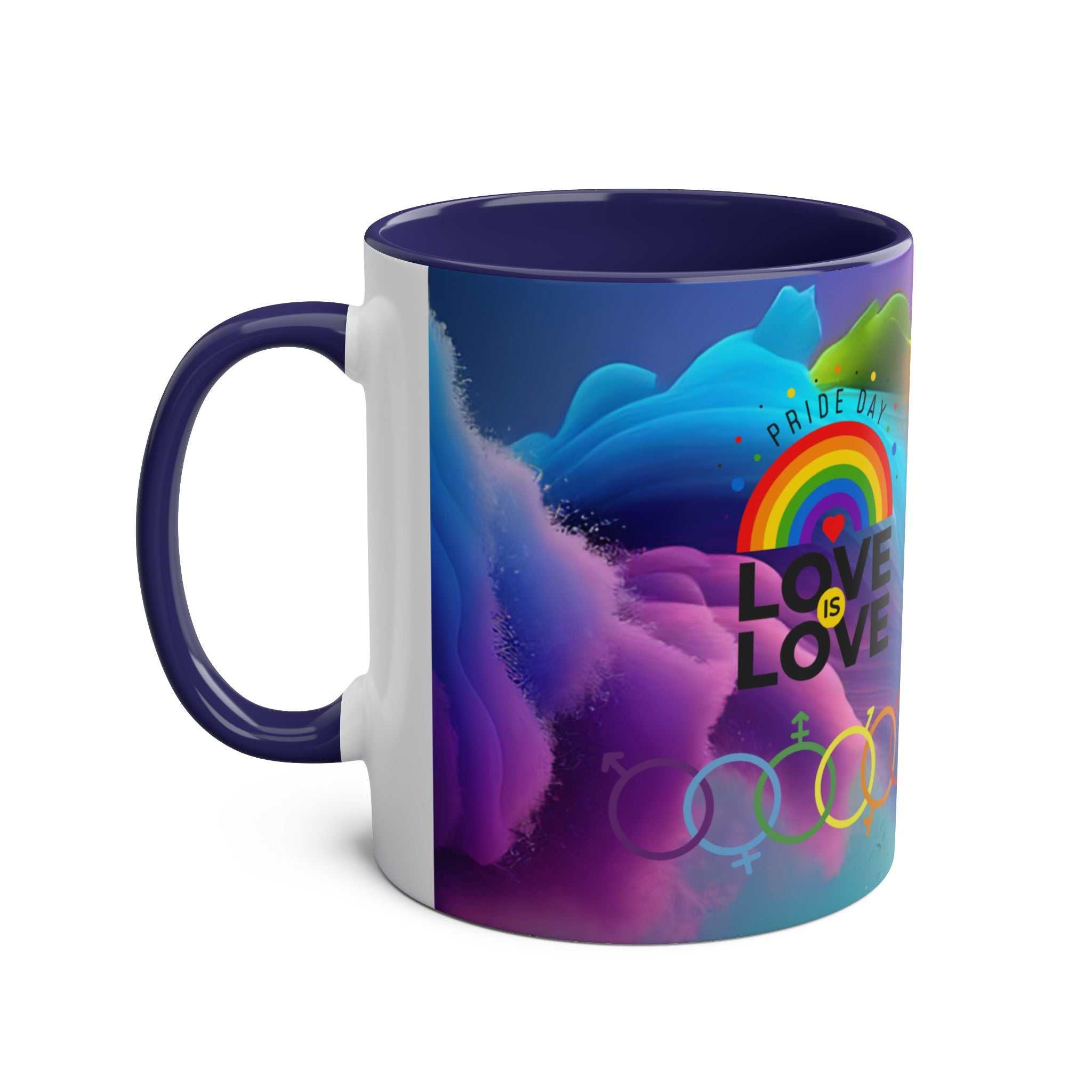 LGBTQ+ Pride mug with vibrant rainbow design, glossy finish, and "Love is Love" text.
