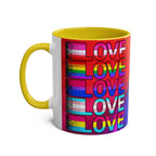 LGBTQ+ Pride Mug with rainbow design and "LOVE" text, high-quality ceramic, glossy finish.