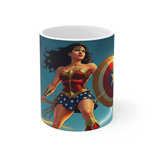 White ceramic mug featuring a bold Wonder Woman-inspired superhero design with glossy finish, microwave and dishwasher safe.